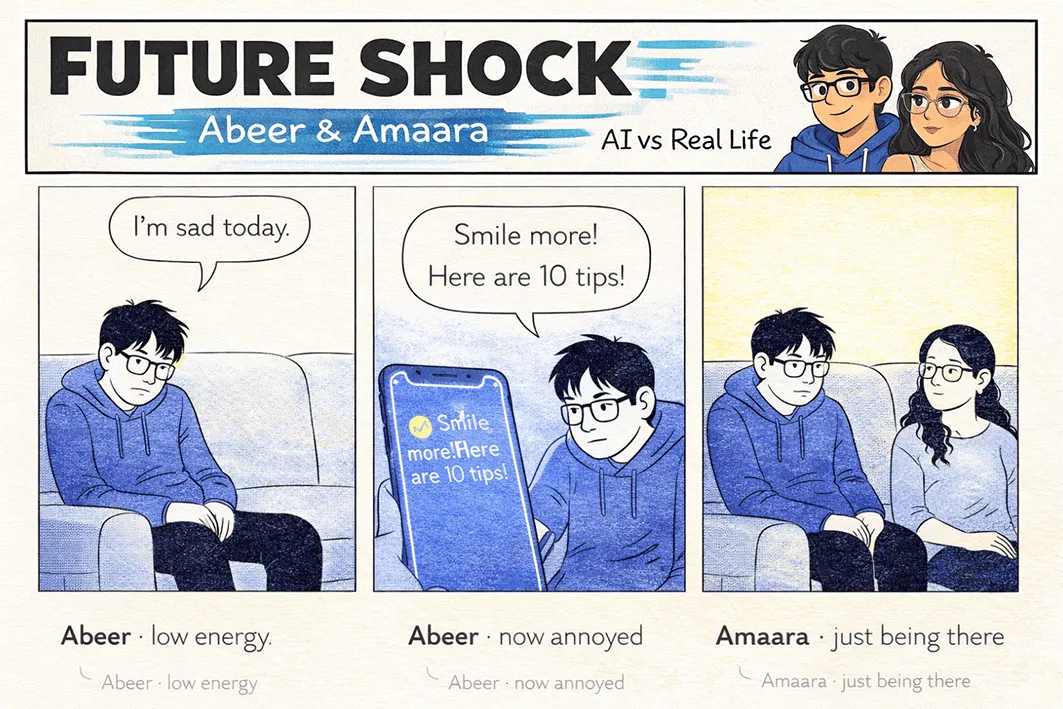 Abeer says he's sad; his app chirps "Smile more! Here are 10 tips!"; Amaara just sits beside him, saying nothing.