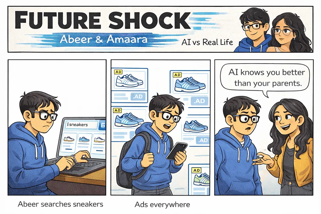 Abeer searches for sneakers once; sneaker ads then follow him everywhere; Amaara observes, "AI knows you better than your parents."