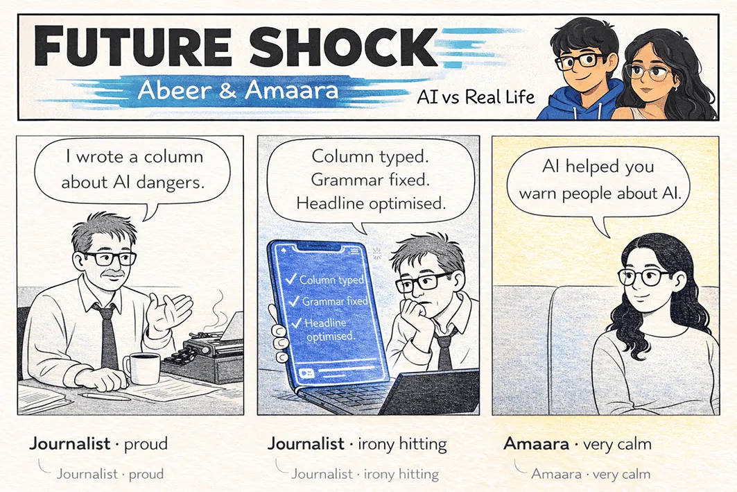 A journalist proudly writes a column about AI's dangers — using AI to type it, fix the grammar, and optimize the headline; Amaara: "AI helped you warn people about AI."