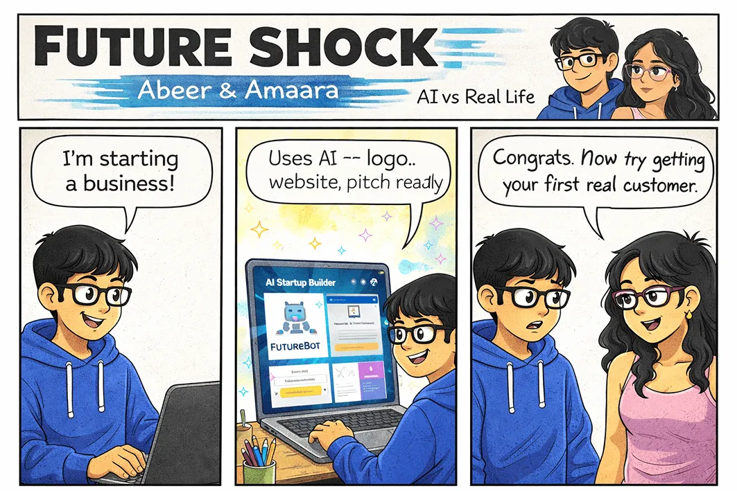 Abeer announces he's starting a business; an AI instantly generates the logo, website and pitch; Amaara replies, "Congrats. Now try getting your first real customer."