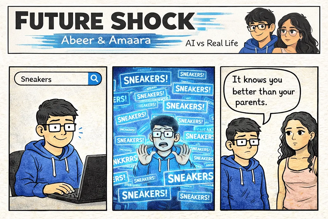 Abeer searches "Sneakers" once; ads for sneakers flood every screen around him; Amaara: "It knows you better than your parents."