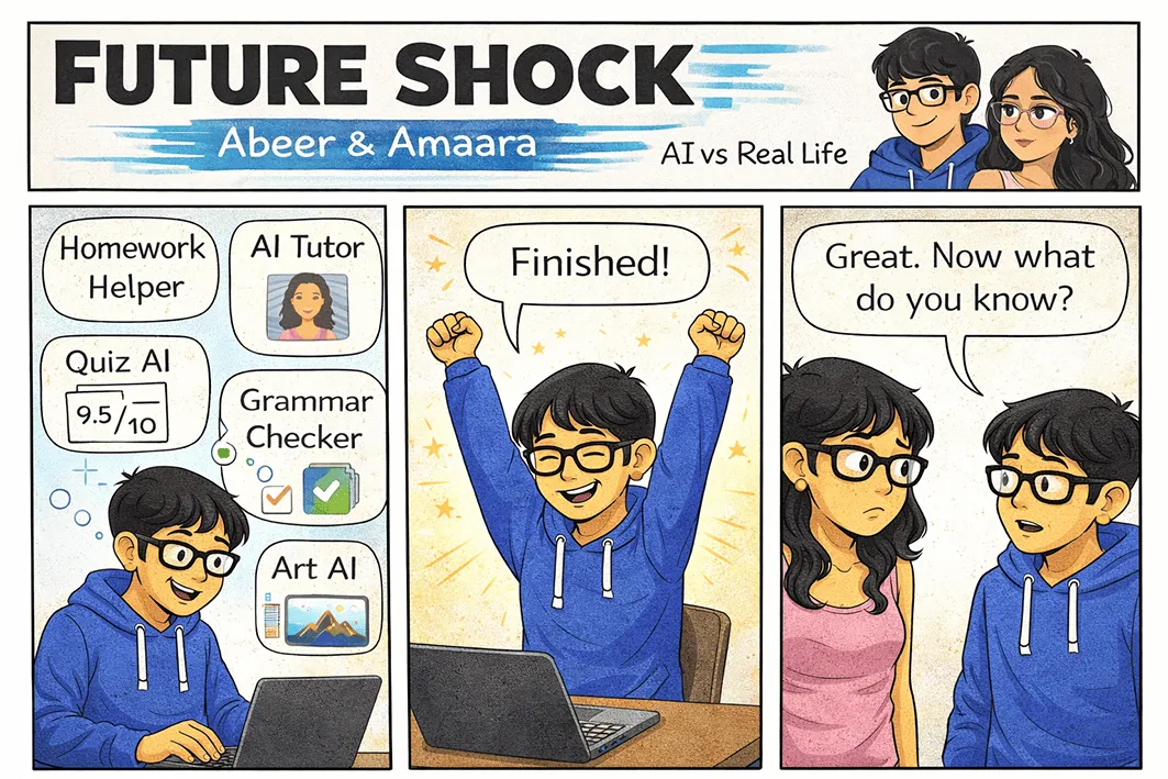Abeer finishes his work with a stack of AI student tools and cheers "Finished!"; Amaara asks, "Great. Now what do you know?"
