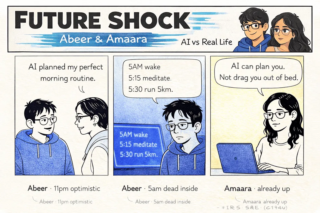 An AI plans Abeer a perfect 5 a.m. morning routine; at 5 a.m. he's dead inside; Amaara, already up: "AI can plan you. It can't drag you out of bed."