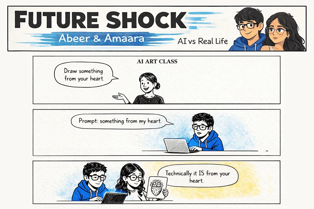 In art class, told to "draw something from your heart," Abeer types it as a prompt; the AI replies, "Technically it IS from your heart."