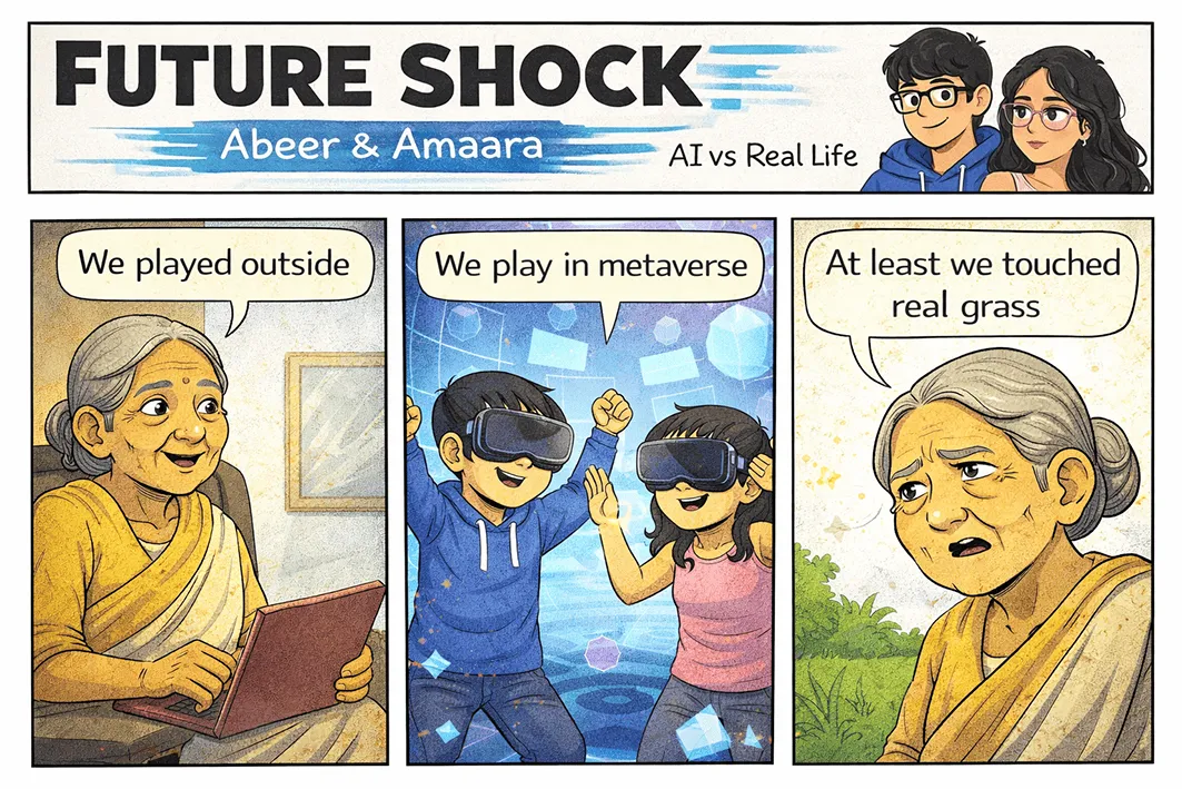 A grandmother says "We played outside"; the kids say "We play in the metaverse"; she replies wistfully, "At least we touched real grass."