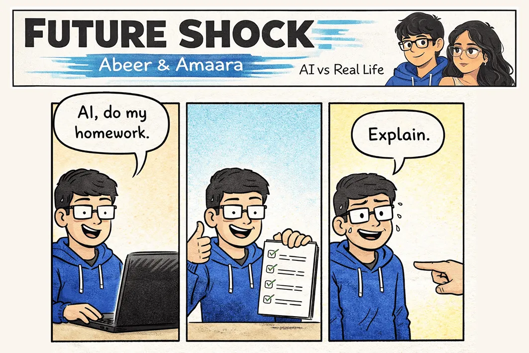 Abeer tells AI to do his homework; it's instantly done with a thumbs-up; the reply: "Explain."