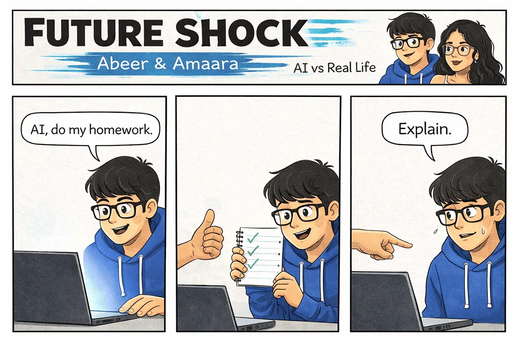 Abeer tells AI to do his homework; it's done instantly with a thumbs-up; then comes one word: "Explain."