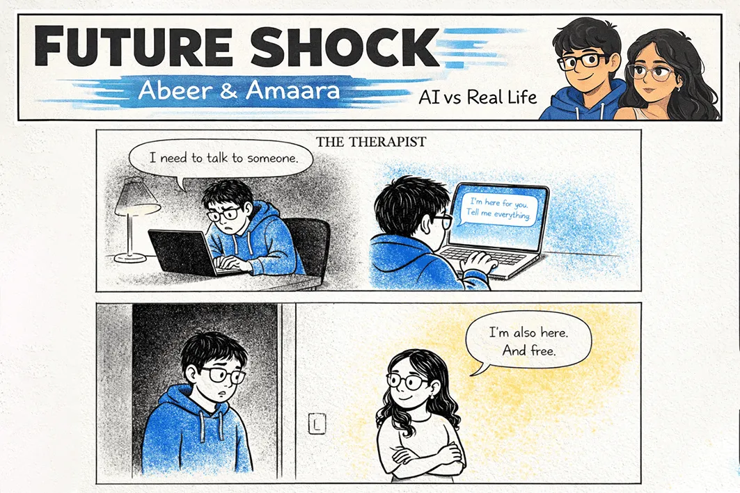 Late at night Abeer says "I need to talk to someone" and opens an AI chatbot; Amaara, beside him: "I'm also here. And free."