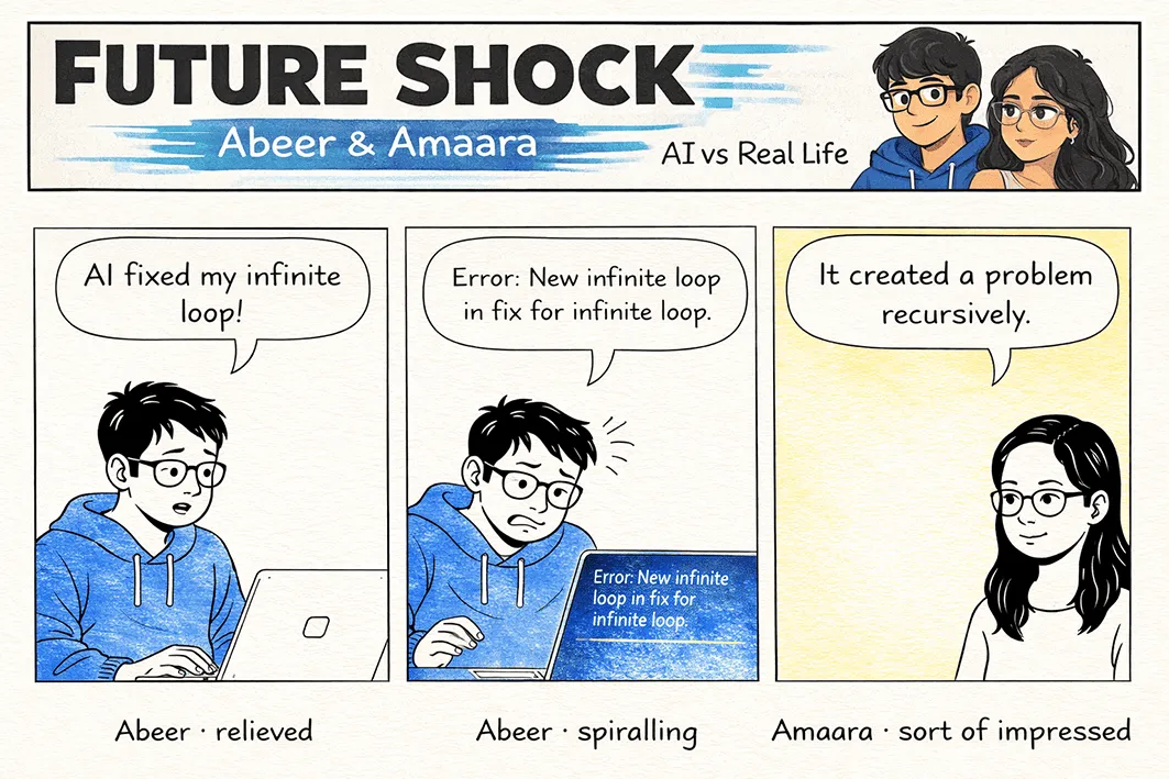 Abeer celebrates AI fixing his infinite loop; the fix contains a new infinite loop; Amaara, sort of impressed: "It created a problem recursively."