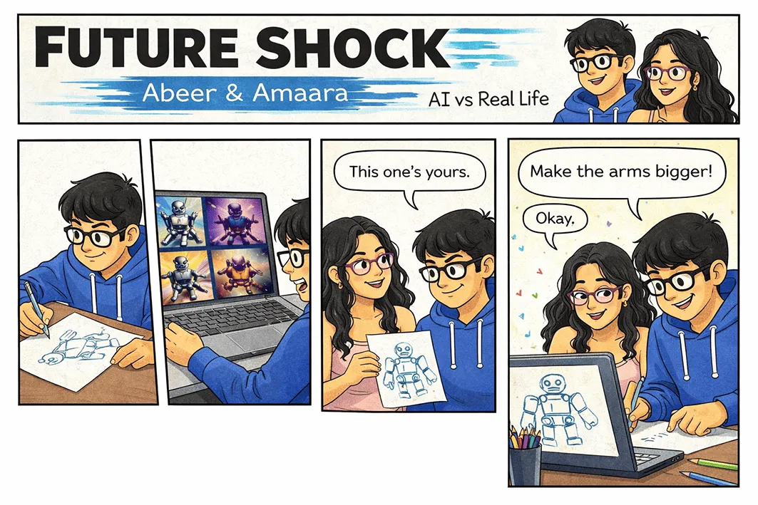 Surrounded by AI-generated art, Amaara hands Abeer a rough rough sketch — "This one's yours" — and they fix it together: "Make the arms bigger!" "Okay."