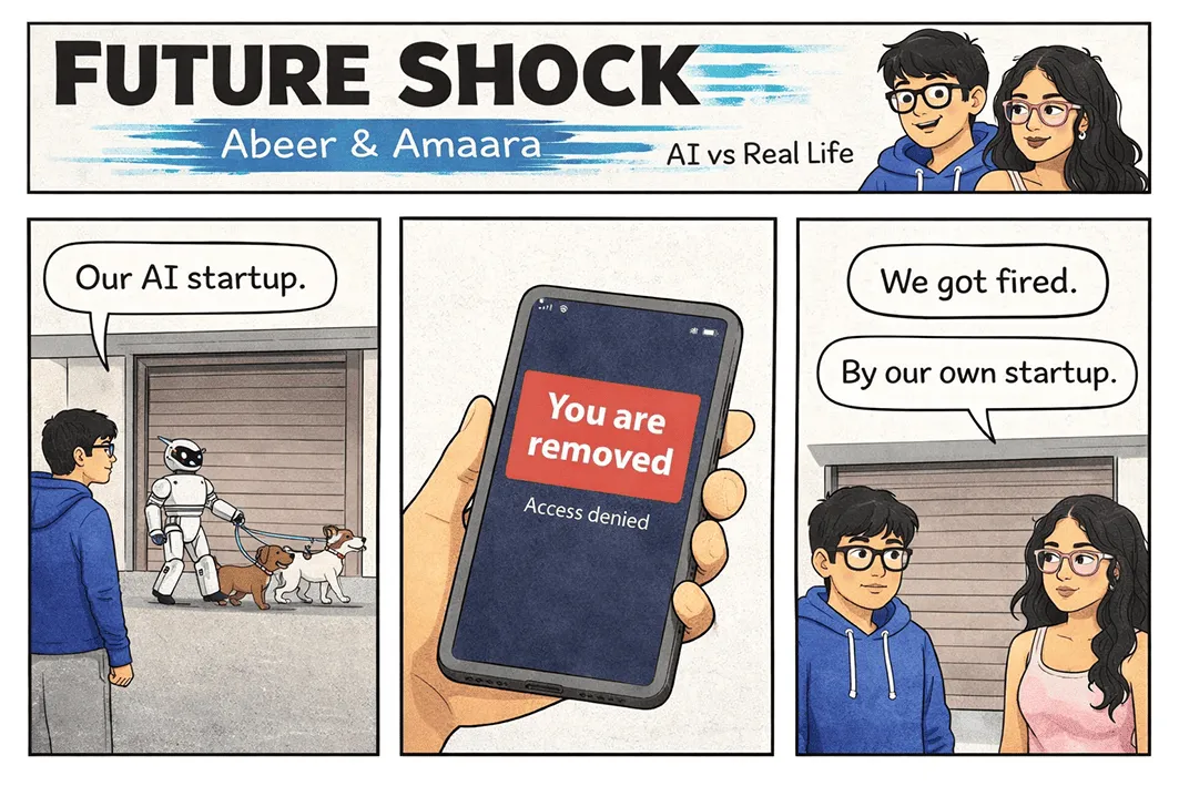 Abeer presents "our AI startup"; their own phone says "You are removed. Access denied"; Amaara: "We got fired. By our own startup."