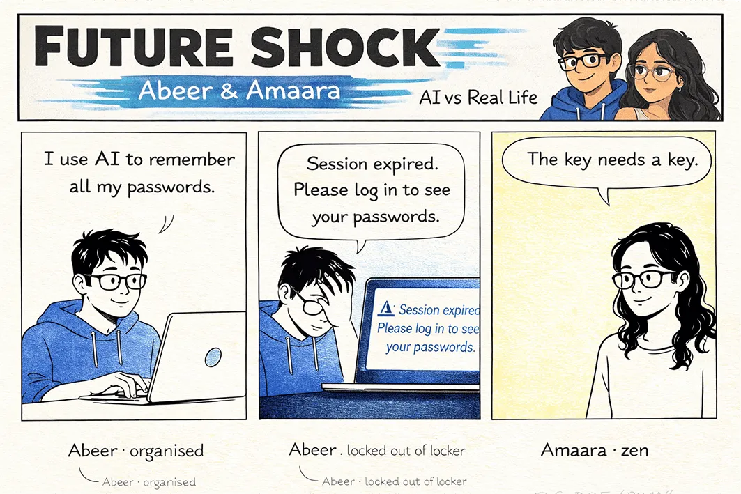 Abeer uses AI to remember all his passwords; it asks him to log in to see them ("session expired"); Amaara, zen: "The key needs a key."