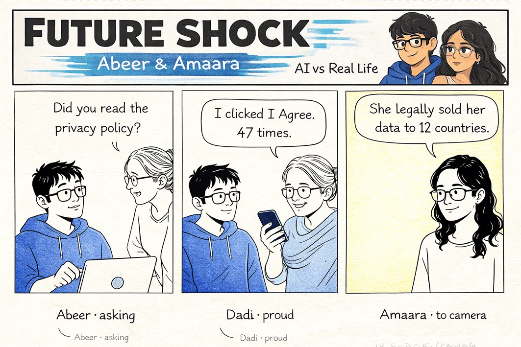 Abeer asks if anyone read the privacy policy; their grandmother proudly "agreed" 47 times; Amaara, to camera: "She legally sold her data to 12 countries."