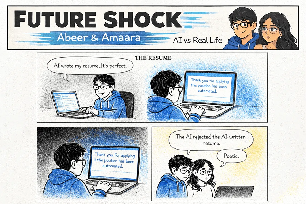 Abeer's AI-written resume is received and processed by an AI, which rejects it after automating the role itself; Abeer: "Poetic."