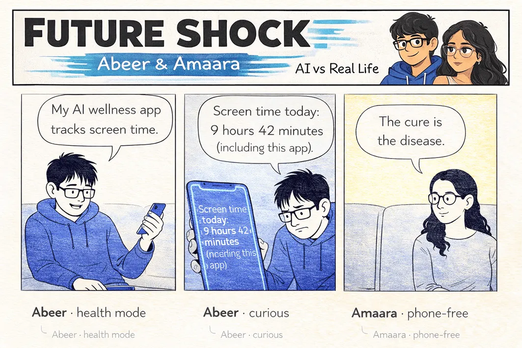 Abeer's AI wellness app tracks his screen time: 9 hours 42 minutes, including the app itself; Amaara, phone-free: "The cure is the disease."