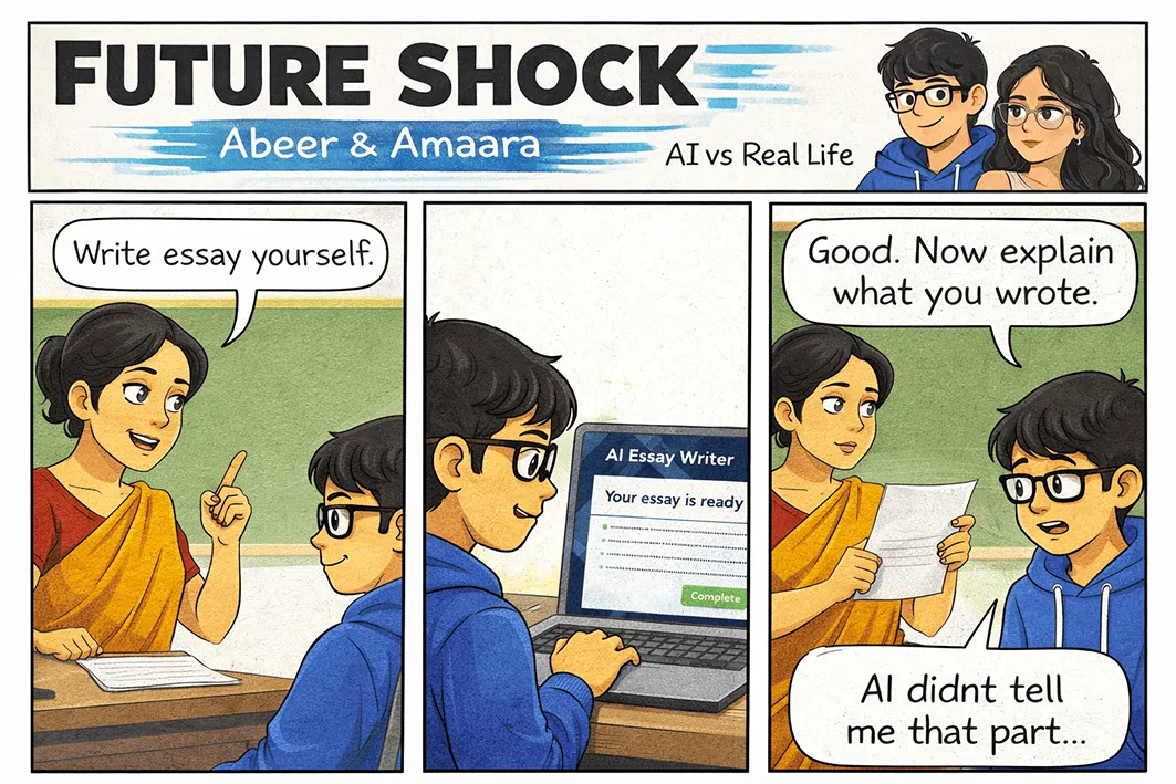 Told to write an essay himself, Abeer has an AI write it; asked to explain what he wrote, he admits, "AI didn't tell me that part."