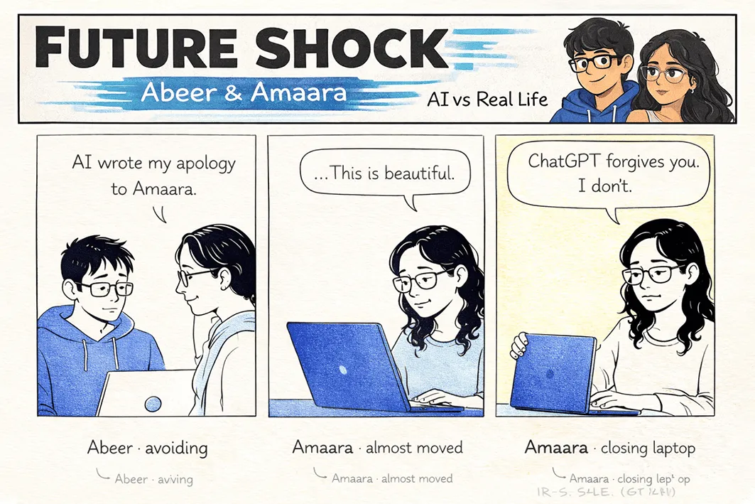 Abeer has AI write his apology to Amaara; she's almost moved — "This is beautiful" — then closes the laptop: "ChatGPT forgives you. I don't."