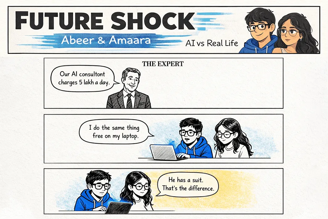 A suited 'expert' says their AI consultant costs 5 lakh a day; Abeer says he does the same for free on his laptop; the expert replies, 'He has a suit. That's the difference.'