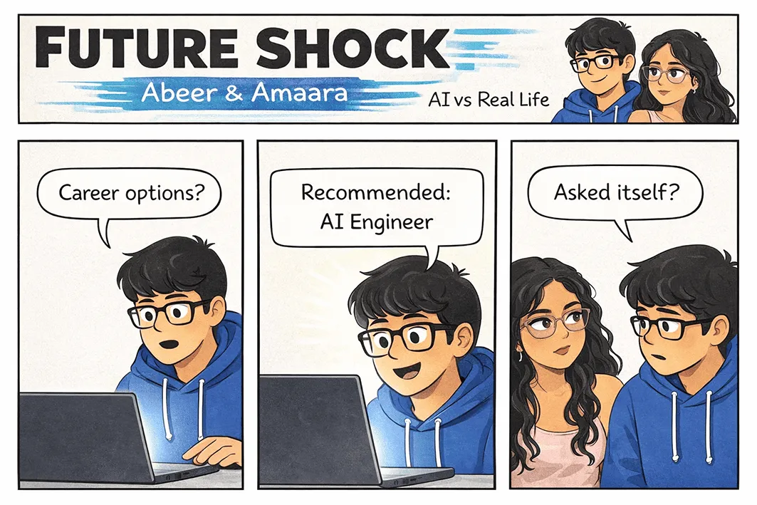Abeer asks an AI for career options; it recommends "AI Engineer"; Amaara asks, "Asked itself?"