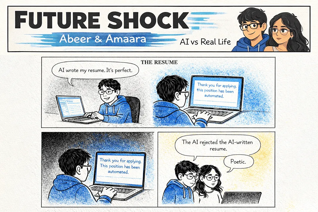 An AI receives, processes, and then rejects Abeer's AI-written resume after automating the role; Abeer: "Poetic."