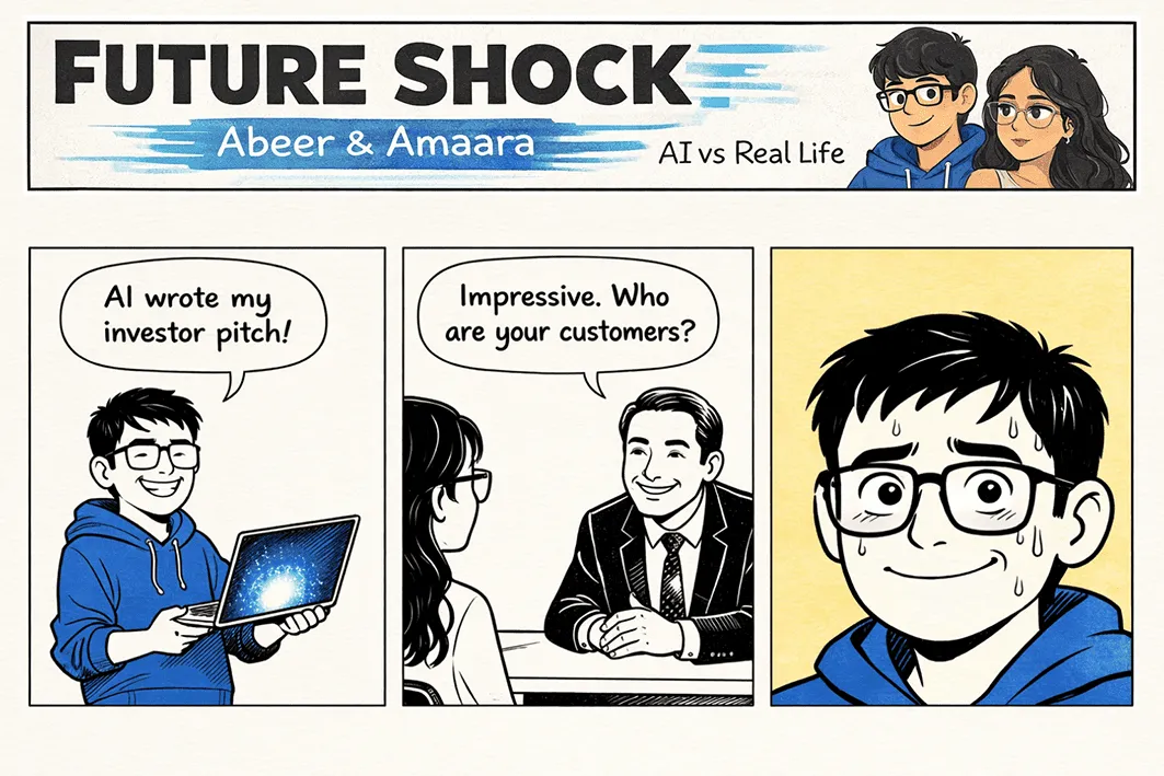 Abeer boasts an AI wrote his investor pitch; the investor asks, "Who are your customers?"; the final panel is just Abeer's silent, frozen face.