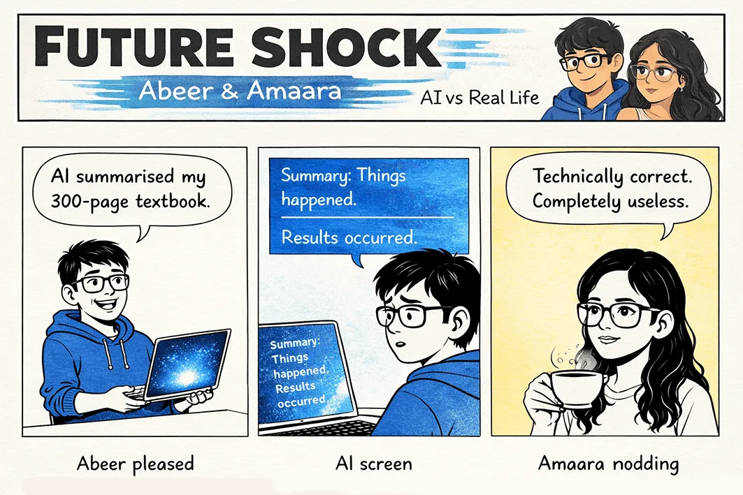Abeer is pleased AI summarized his 300-page textbook; the summary reads "Things happened. Results occurred."; Amaara: "Technically correct. Completely useless."