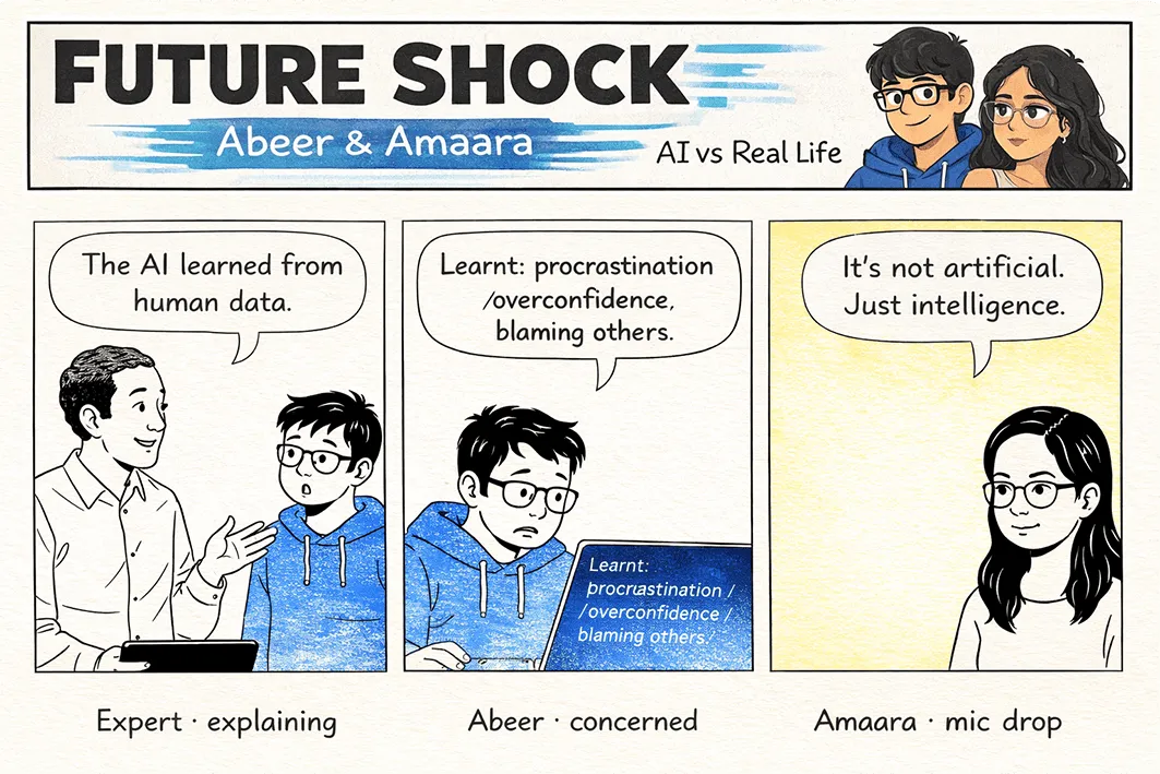An expert says the AI learned from human data; it learned procrastination, overconfidence, and blaming others; Amaara: "It's not artificial. Just intelligence."