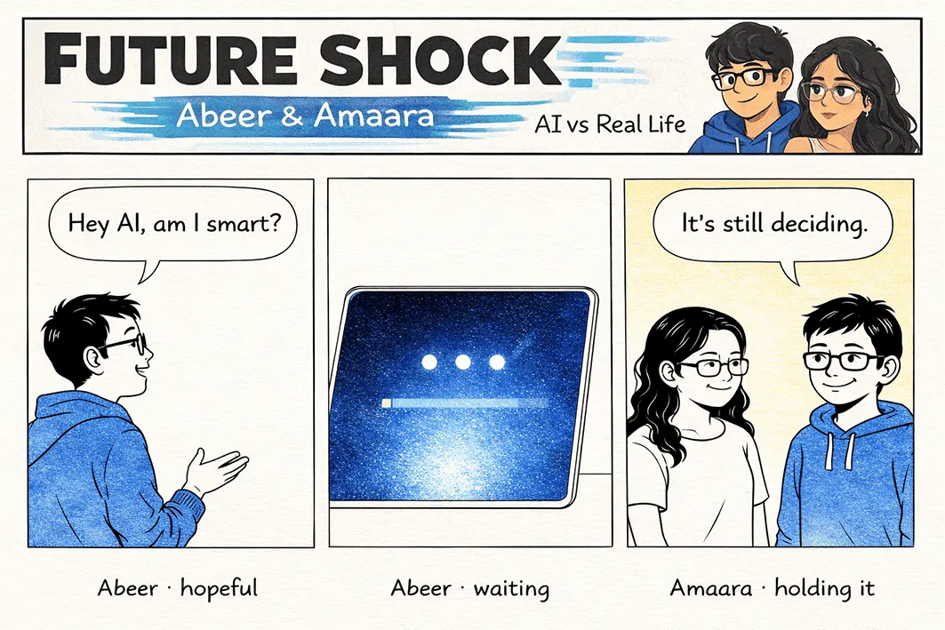 Abeer asks, "Hey AI, am I smart?"; the assistant just shows loading dots; Amaara, holding back a laugh: "It's still deciding."